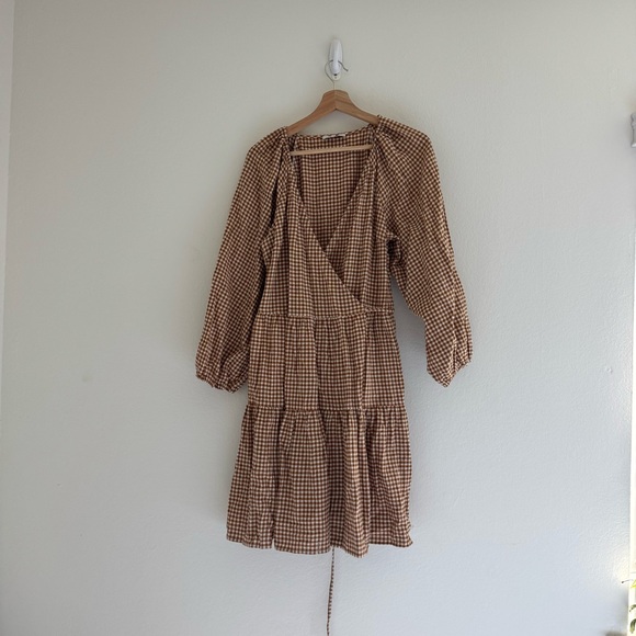 Madewell Brown Gingham puff sleeve Wrap Dress - Picture 4 of 8